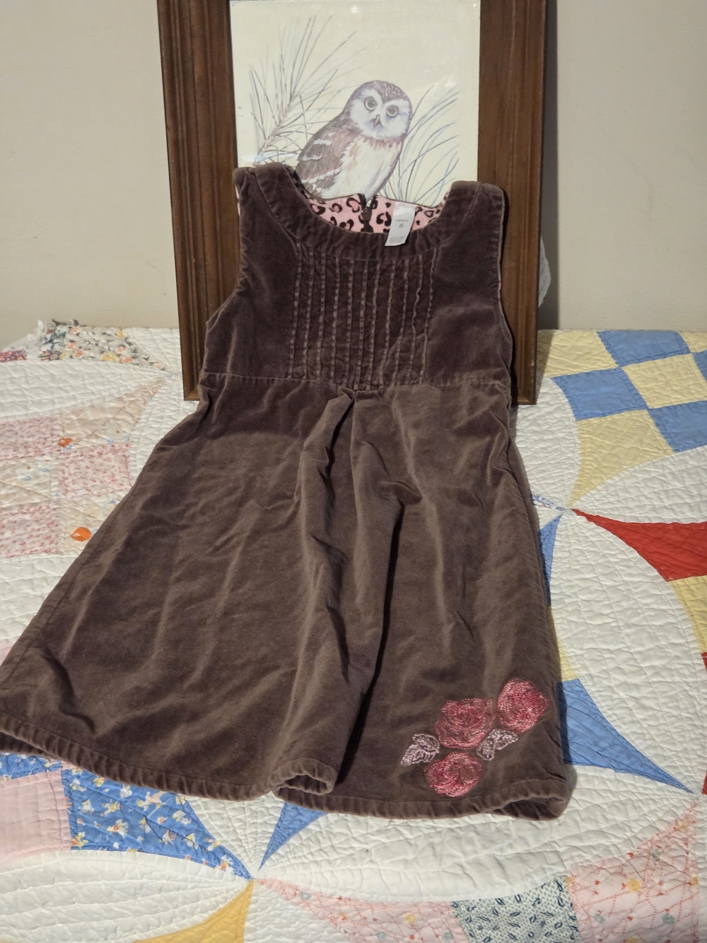 Carter's Brown Corduroy Dress with Pink Embroidered Flowers Size 6 Fall Layering